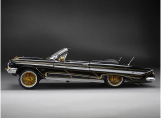 Chevrolet Impala open convertible Lowrider with movable suspension, black/chrome with small white wall tires SunStar Metallmodell 1:18